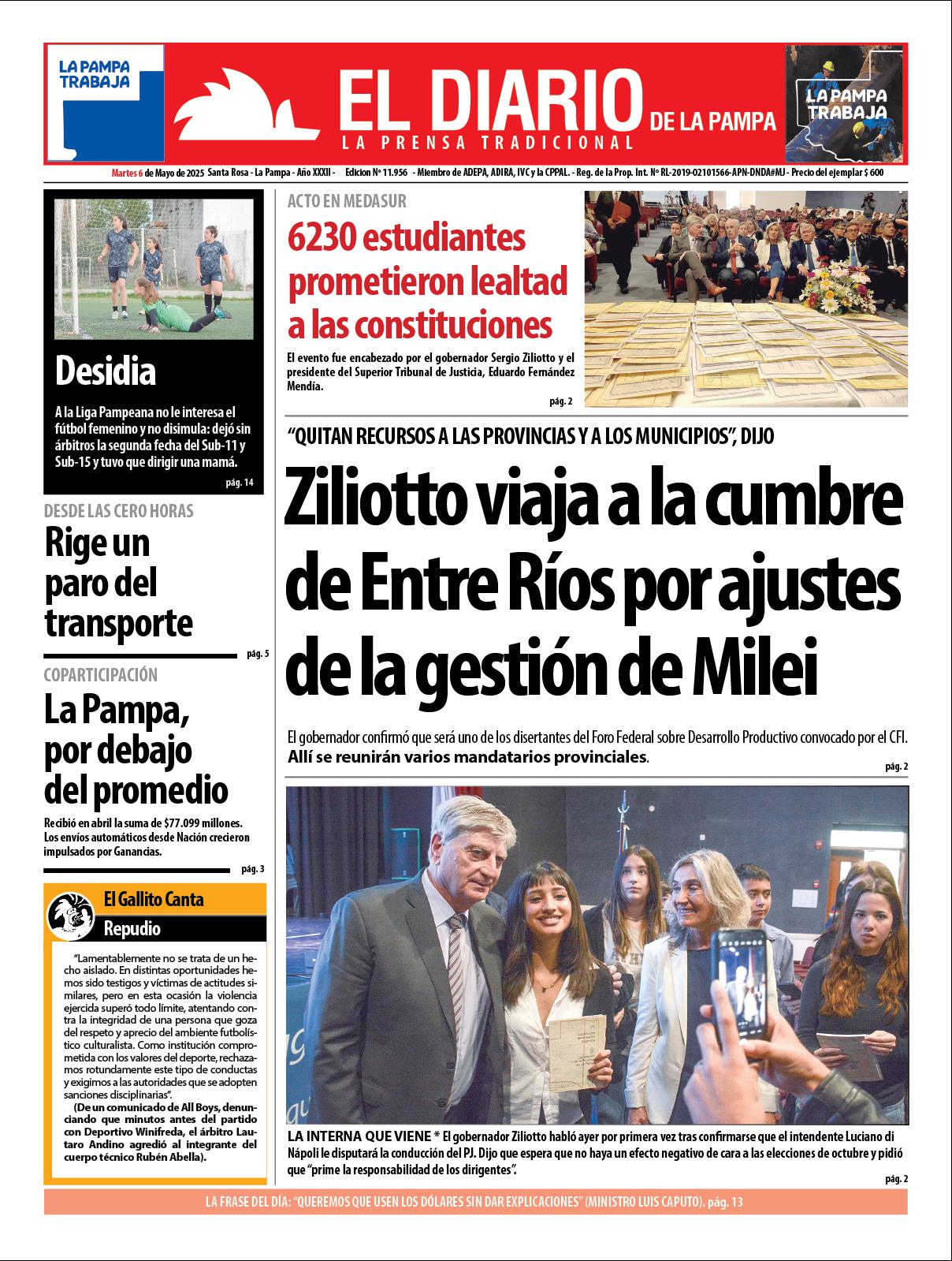 Tapa de El Diario en papel  martes 06 de mayo de 2025